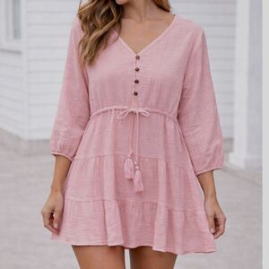 R Vivimos Pink Gauze Babydoll Tunic Dress Tassel Tiered Boho Small